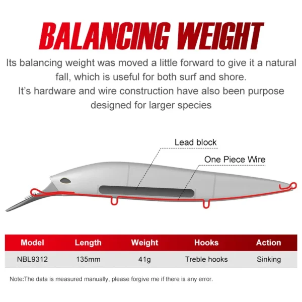 NOEBY Ultra Long Casting Minnow Fishing Lure 135mm 41g Sinking Jerkbaits Artificial Hard Bait for Bass Tackle Fishing Lures - Image 2